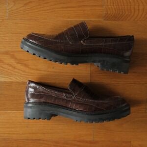 Everlane Lug Loafer Women Brown Croc Embossed Leather Chunky Dark Academia 9